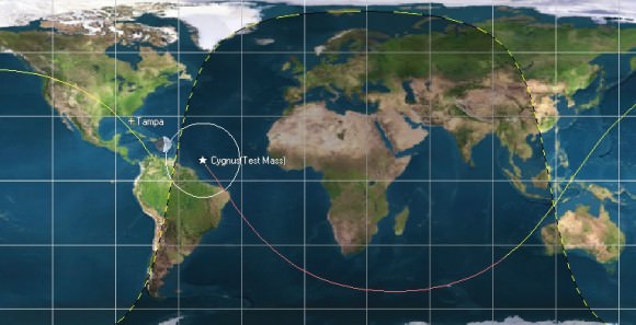 First orbit of the Cygnus test mass; shadow orientation of the Earth assumes a nominal launch at 22:00UT on April 17th. (Created by the author using Orbitron. TLEs courtesy of (name)