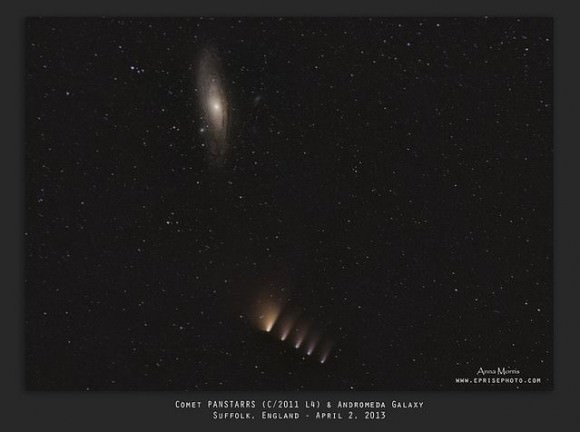 Comet PANSTARRS and the Andromeda galaxy over Suffolk, England on April 2, 2013. This composite images shows the movement of the comet during the imaging session. Credit and copyright: Anna Morris. 
