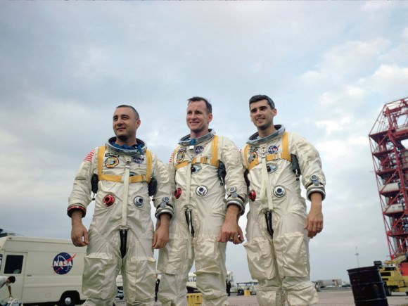Apollo 1's crew in another spacesuit shot. From left to right: Virgil "Gus" Grissom, Edward White and Roger Chaffee. Credit: NASA