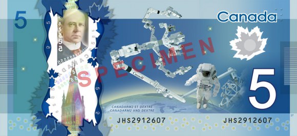 Canadarm2, Dextre and an unidentified astronaut will all feature on Canada's new $5 bill. Credit: Bank of Canada