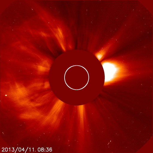  The magnetic field of sunspot AR1719 erupted on April 11th at 0716 UT, producing an M6-class solar flare. Coronagraph images from the Solar and Heliospheric Observatory show a CME emerging from the blast site of the M6.5 solar flare. Credit: NASA