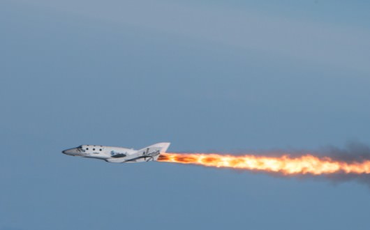 ShaceShipTwo from Virgin Galactic fires its rocket engines for the first time in history on April 29, 2013 to achieve supersonic speed. Credit: Virgin Galactic  
