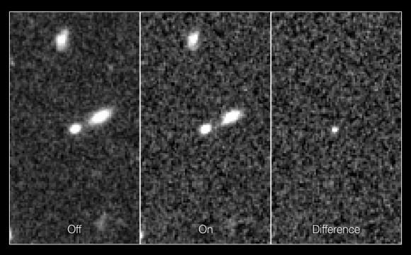 These three frames show the supernova dubbed SN UDS10Wil, or SN Wilson, the most distant Type Ia supernova ever detected. The leftmost frame in this image shows just the supernova’s host galaxy, before the violent explosion. The middle frame shows the galaxy after the supernova had gone off, and the third frame indicates the brightness of the supernova alone. Credit: NASA, ESA, A. Riess (STScI and JHU), and D. Jones and S. Rodney (JHU)