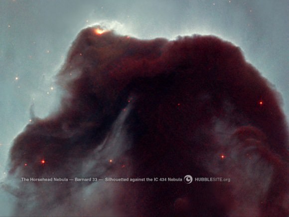 The Horsehead Nebula is a cold, dark cloud of gas and dust, silhouetted against the bright nebula IC 434. The bright area at the top left edge is a young star still embedded in its nursery of gas and dust. Image Credit: NASA, NOAO, ESA and The Hubble Heritage Team (STScI/AURA)