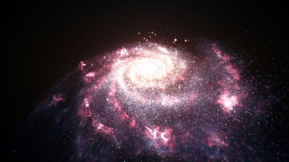 This illustration shows a messy, chaotic galaxy undergoing bursts of star formation. This star formation is intense; it was known that it affects its host galaxy, but this new research shows it has an even greater effect than first thought. The winds created by these star formation processes stream out of the galaxy, ionising gas at distances of up to 650 000 light-years from the galactic centre. Credit: ESA, NASA, L. Calçada