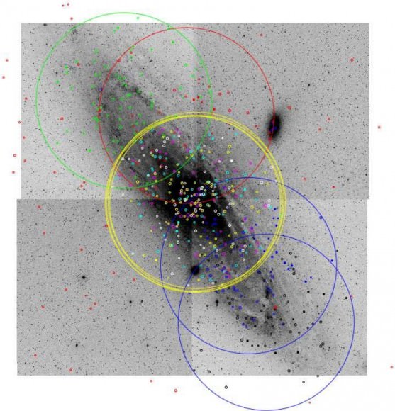 Jacoby et al. 2013 note, "The locations of our WIYN+Hydra fields and the targeted M31 clusters, superposed on a mosiaic of [OIII] images from massey et al. 2007.  north is up, and east is to the left.  Each 1 degree colored circle represents a different hydra setup (image credit: Jacoby et al. 2013/arXiv/ApJ, extracted by D. Majaess) 
