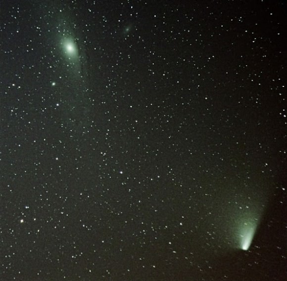 Comet PANSTARRS and M31 taken from the Scottish Dark Sky Observatory on April 3, 2013. Credit and copyright: Dave Hancox via Google+. 
