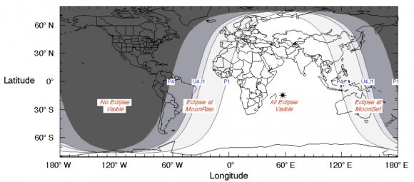 The visibility region of Thursday's partial lunar eclipse.