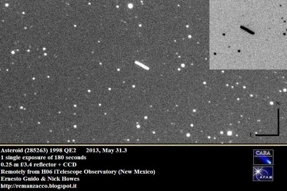 Asteroid (285263) 1998 QE2, on May 31, 2013, taken remotely from the H06 iTelescope Observatory in New Mexico. Credit and copyright: Ernesto Guido and Nick Howes, Remanzacco Observatory. 