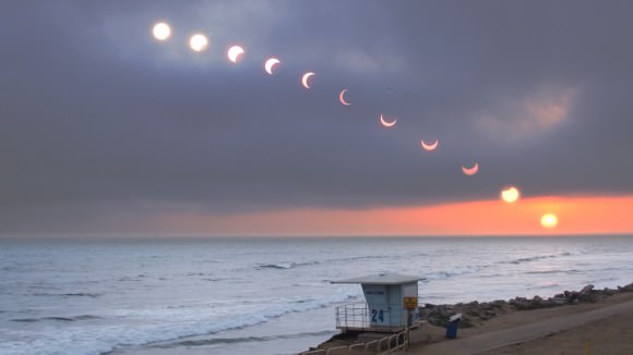 A sequence of eclipse pictures taken from Huntington Beach, California on May 20th, 2012. (Credit: jimnista/Universe Today flickr gallery).