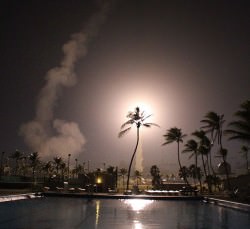 Launch of the second EVEX rocket on the morning of May 7. The plume from the first is visible on the left. (NASA/John Grant)