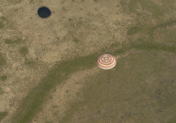 The Soyuz TMA-07M spacecraft is seen as it lands with the Expedition 35 crew.  Photo Credit: (NASA/Carla Cioffi)