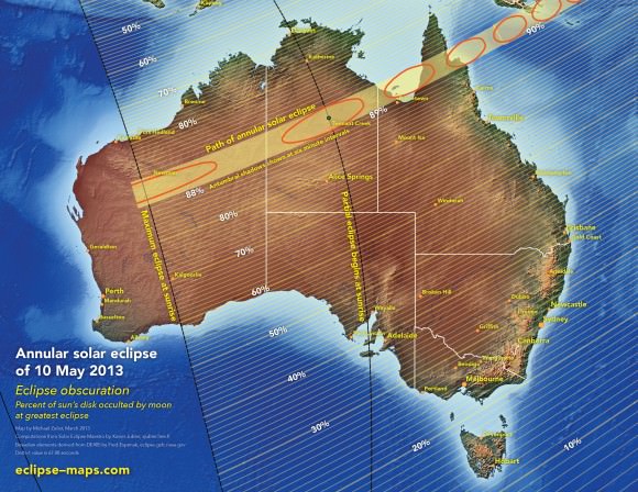 A closeup of the path of the annular eclipse across Australia, click to enlarge. (Courtesy of Miichael Zeiler at Eclipse Maps).  