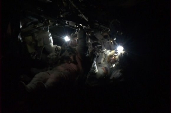 Chris Cassidy and Tom Marshburn turn on their helmet lights 'doing their best to light the universe on the dark side of the Earth,' said Chris Hadfield. Credit: NASA/CSA/Chris Hadfield