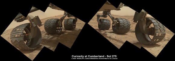 6 Wheels on Mars at “Cumberland” drill target is shown in this photo mosaic of Curiosity’s underbelly snapped on May 15, 2013 (Sol 275) after the rover drove about 9 feet (2.75 m) from the John Klein outcrop inside Yellowknife Bay. Credit: NASA/JPL-Caltech/Ken Kremer/Marco Di Lorenzo   