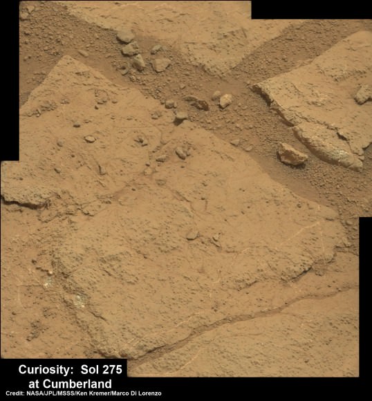 High resolution close-up of Cumberland outcrop on Sol 275 (May 15, 2013).   Photo mosaic of Mastcam 100  raw images.  Credit: NASA/JPL-Caltech/MSSS/Ken Kremer/Marco Di Lorenzo   