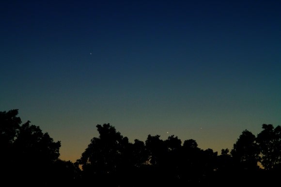 Three evening planets – Jupiter, Venus and Mercury --  on May 23, 2013 at about 9pm CDT, as see from Salem, Missouri.  The photographer noted a fourth planet is also  visible in this photo: Earth! Credit and copyright: Joe Shuster. 