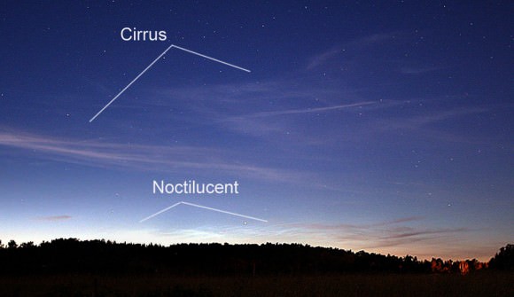 Cirrus clouds often look like fine streaks compared to the pleated, wavy appearance of NLCs. Credit: Bob King