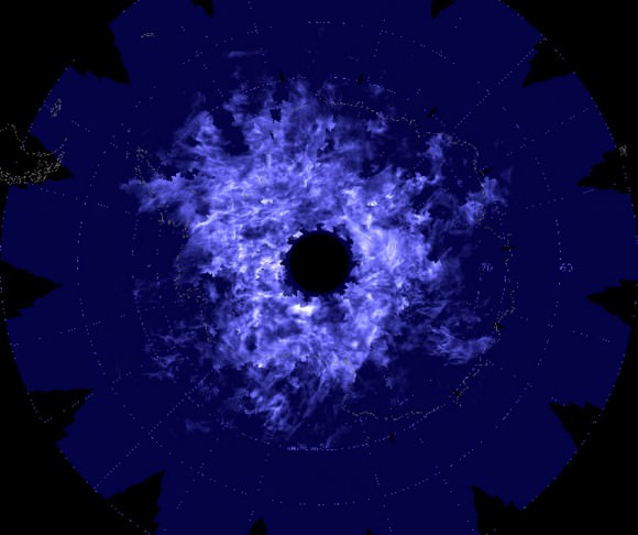 Looking down from above, AIM captured this composite image of the noctilucent cloud cover above the Southern Pole on December 31, 2009. Credit: NASA/HU/VT/CU LASP