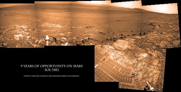 Opportunity Celebrates 9 Years on Mars snapping this panoramic view of the vast expanse of 14 mile (22 km) wide Endeavour Crater from atop ‘Matijevic Hill’ on Sol 3182 (Jan. 5, 2013). The rover then drove 43 feet to arrive at ‘Whitewater Lake’ and investigate clay minerals. Photo mosaic was stitched from Navcam images and colorized. Credit: NASA/JPL-Caltech/Cornell/Ken Kremer/Marco Di Lorenzo