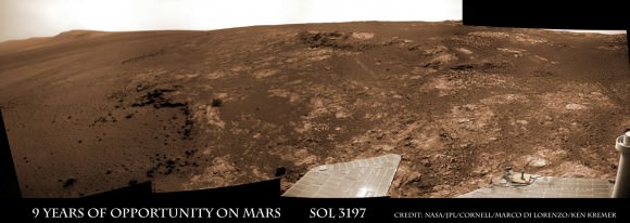 Opportunity rover discovered phyllosilicate clay minerals and calcium sulfate veins at the bright outcrops of ‘Whitewater Lake’, at right, imaged by the Navcam camera on Sol 3197 (Jan. 20, 2013, coinciding with her 9th anniversary on Mars.  “Copper Cliff” is the dark outcrop, at top center. Darker “Kirkwood” outcrop, at left, is site of mysterious “newberries” concretions. This panoramic view was snapped from ‘Matijevic Hill’ on Cape York ridge at Endeavour Crater. Credit: NASA/JPL-Caltech/Cornell/Marco Di Lorenzo/Ken Kremer