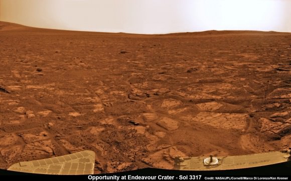 Opportunity captures the eerie Martian scenery looking south across Botany Bay from the southern tip of Cape York to her next destination - Solander Point,  about 1 mile (1.6 km) away. This navcam photo mosaic was taken on Sol 3317, May  23, 2013.    Credit: NASA/JPL/Cornell//Marco Di Lorenzo/Ken Kremer (kenkremer.com)