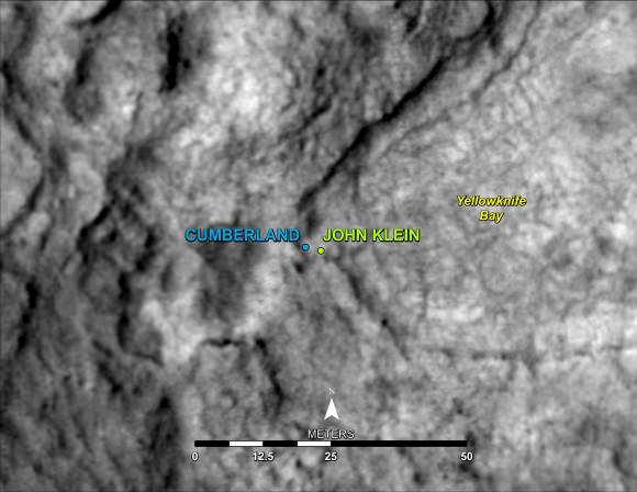 This map shows the location of "Cumberland," the second rock-drilling target for NASA's Mars rover Curiosity, in relation to the rover's first drilling target, "John Klein," within the southwestern lobe of a shallow depression called "Yellowknife Bay." Cumberland, like John Klein, is a patch of flat-lying bedrock with pale veins and bumpy surface texture. The bumpiness is due to erosion-resistant nodules within the rock, which have been identified as concretions resulting from the action of mineral-laden water. Image credit: NASA/JPL-Caltech/Univ. of Arizona