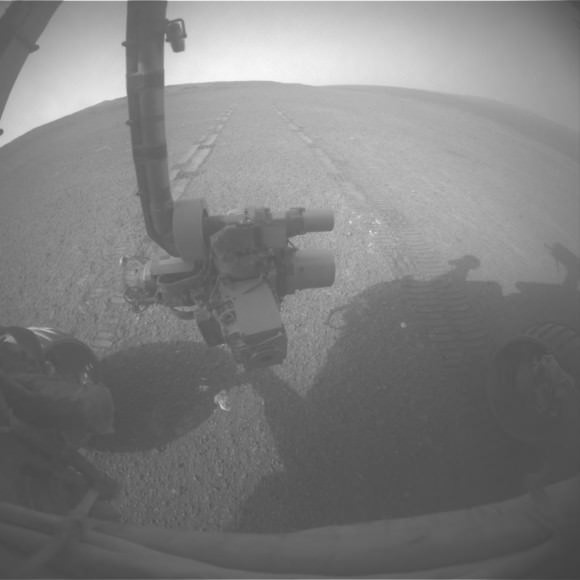 View Back at Record-Setting Drive by Opportunity. On the 3,309th Martian day, or sol, of its mission on Mars (May 15, 2013) NASA's Mars Exploration Rover Opportunity drove 263 feet (80 meters) southward along the western rim of Endeavour Crater. That drive put the total distance driven by Opportunity since the rover's January 2004 landing on Mars at 22.220 miles (35.760 kilometers. This exceeded the distance record by any NASA vehicle, previously held by the astronaut-driven Apollo 17 Lunar Rover in 1972. Credit: NASA/JPL-Caltech