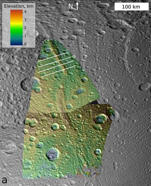 The topography of a mountain known as Janiculum Dorsa on the Saturnian moon Dione. Color denotes elevation, with red as the highest area and blue as the lowest. Credit: NASA/JPL-Caltech/Space Science Institute.