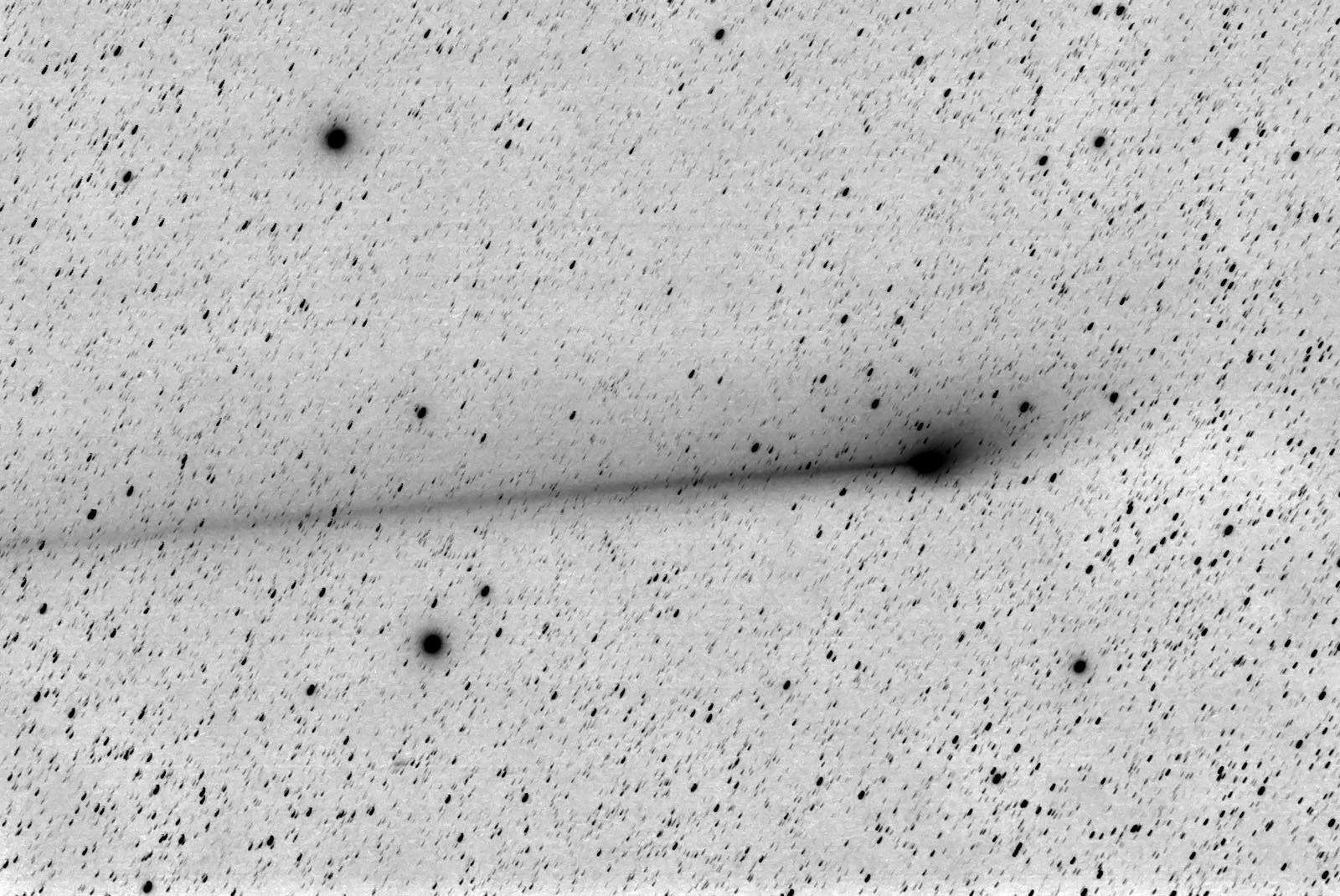 A negative image showing Comet PANSTARRS and its very thin anti tail, as seen on May 22, 2013 from near Payson, Arizona. Credit and copyright: Chris Schur. 