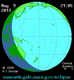 Animation of the path of this week's annular solar eclipse. (Credit: NASA/GSFC/A.T. Sinclair).