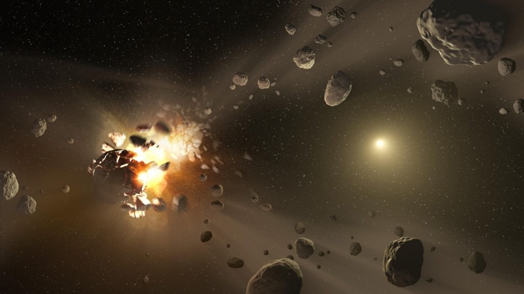 La concezione artistica di una collisione di asteroidi, che porta a come "famiglie" di queste rocce spaziali sono realizzate nella fascia tra Marte e Giove.  Credito: NASA/JPL-Caltech