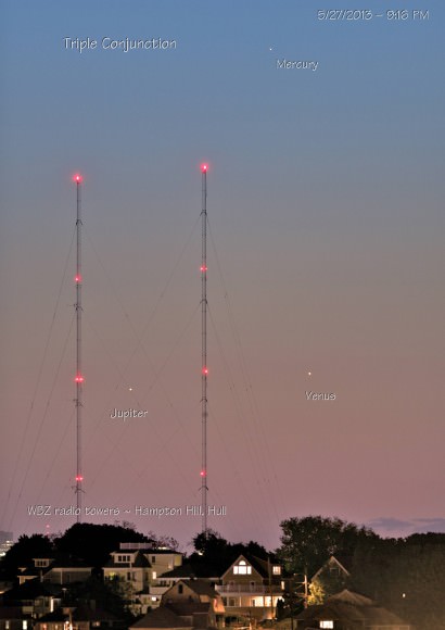 Triple conjunction on May 27 with WBZ radio towers south east of Boston.  Hampton Hill, Hull, MA.  Nikon D3x -iso200- 1.3 sec.at f2.8. Credit: Richard W. Green 