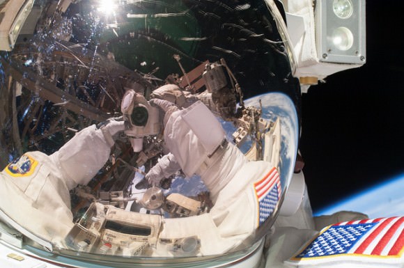 Astronaut Chris Cassidy takes a self-portrait during the May 11, 2013 EVA at the ISS. Credit: NASA.