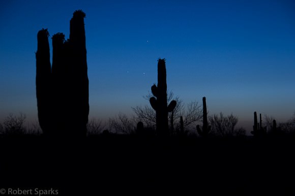 The triple conjunction of Venus, Mercury and Jupiter as seen over an Arizona desert landscape. Credit and copyright: Robert Sparks. 