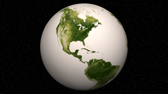 Western Hemisphere -Vegetation on Our Planet. The darkest green areas are the lushest in vegetation, while the pale colors are sparse in vegetation cover either due to snow, drought, rock, or urban areas. Suomi NPP Satellite data from April 2012 to April 2013 was used to generate these images. Credit: NASA/NOAA   