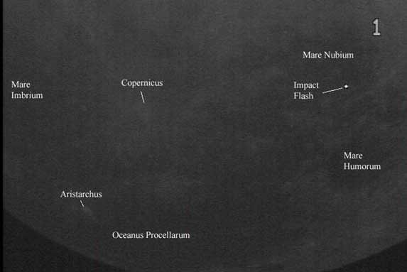 An example of an impact flash recorded by the Automated & Lunar Meteor Observatory video cameras based at the Marshall Spaceflight Center in Huntsville, Alabama. 