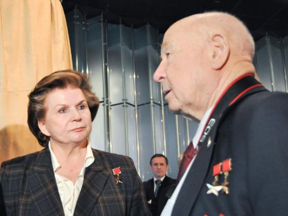 Tereshkova and Leonov at the Cosmonautics Museum in Moscow during a ceremony in 2011 celebrating the 50th anniversary of the launch of Yuri Gagarin. (NASA photo.)