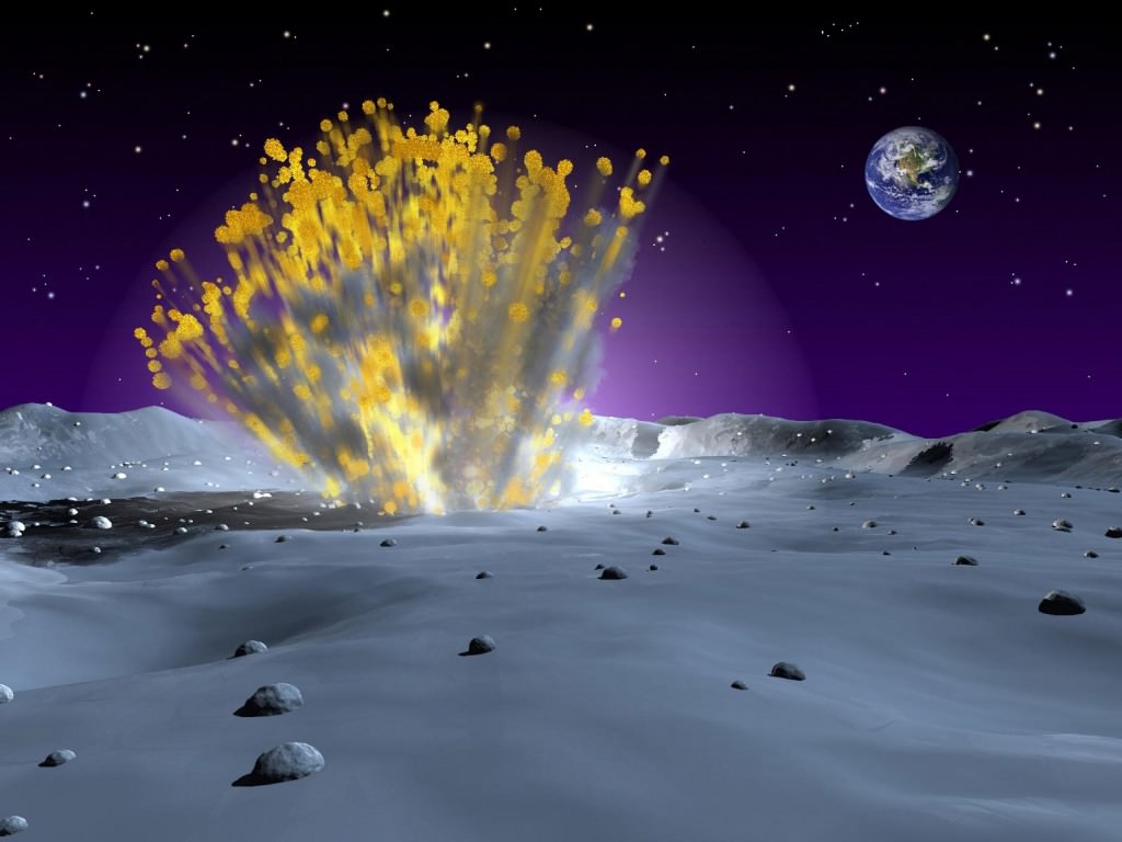 An artist's illustration of a meteoroid impact on the Moon. (Credit: NASA).