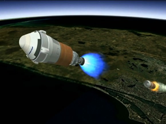 Artist's concept shows Boeing's CST-100 spacecraft separating from the first stage of its launch vehicle, a United Launch Alliance Atlas V rocket, following liftoff from Cape Canaveral Air Force Station in Florida. Credit: Boeing