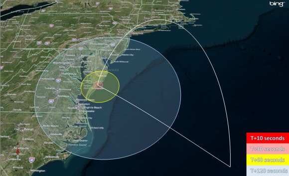 Launch visibility map for the CIBER payload launch from NASA Wallops, Va, on June 4, 2013 at 11 PM EDT. Credit: NASA