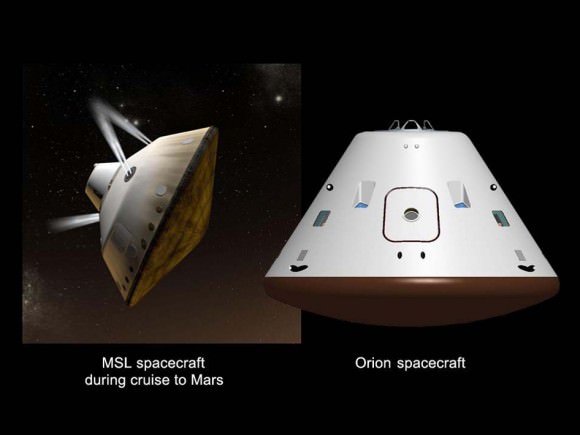 Mars Cruise Vehicles. This graphic shows a comparison of NASA's Mars Science Laboratory (MSL) cruise capsule and NASA's Orion spacecraft, which is being built now at NASA's Johnson Space Center and will one day send astronauts to Mars. The rover Curiosity is tucked inside of the Mars Science Laboratory cruise vehicle like human beings would be tucked inside Orion.  MSL are Orion are similar in size.  Credit: NASA/JPL-Caltech/JSC