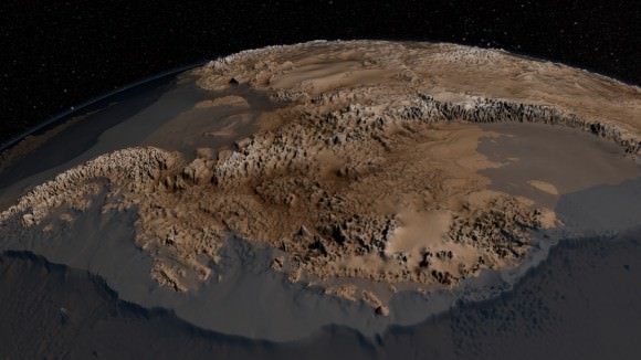 Bedmap2 data of Antarctica's bedrock. Verical elevation has been exaggerated by 17x. (NASA/GSFC)