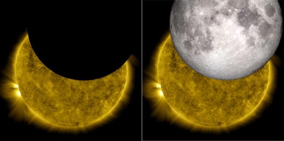 The image on the left is a view of the sun captured by NASA’s Solar Dynamics Observatory on Oct. 7, 2010, while partially obscured by the moon. Looking closely at the crisp horizon of the moon against the sun shows the outline of lunar mountains. A model of the moon from NASA’s Lunar Reconnaissance Orbiter has been inserted into a picture on the right, showing how perfectly the moon's true topography fits into the shadow observed by SDO. Credit: NASA/SDO/LRO/GSFC 