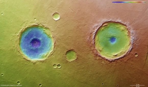 Arima twins topography. This colour-coded overhead view is based on an ESA Mars Express High-Resolution Stereo Camera digital terrain model of the Thaumasia Planum region on Mars at approximately 17°S / 296°E. The image was taken during orbit 11467 on 4 January 2013. The colour coding reveals the relative depth of the craters, in particular the depths of their central pits, with the left-hand crater penetrating deeper than the right (Arima crater).  Copyright: ESA/DLR/FU-Berlin-G.Neukum