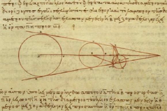 Aristarchus's 3rd century BC calculations on the relative sizes of, from left, the Sun, Earth and Moon. Credit: Wikipedia Commons