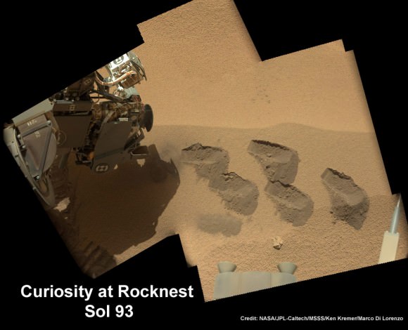 Curiosity scooped 5 times into Martian soil at Rocknest windblown ripple and delivered samples to the SAM chemistry instrument for analysis. This color mosaic was stitched together from hi-res color images taken by the robots 34 mm Mastcam camera on Sols 93 and 74. Credit: NASA / JPL-Caltech /MSSS/Ken Kremer (kenkremer.com)/Marco Di Lorenzo