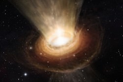 This artist’s impression shows the surroundings of the supermassive black hole at the heart of the active galaxy NGC 3783 in the southern constellation of Centaurus (The Centaur). New observations using the Very Large Telescope Interferometer at ESO’s Paranal Observatory in Chile have revealed not only the torus of hot dust around the black hole but also a wind of cool material in the polar regions. Credit: ESO/M. Kornmesser