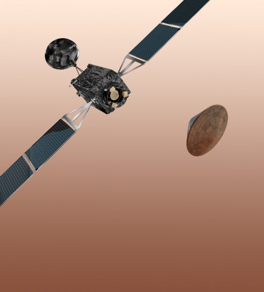 The 2016 ExoMars Trace Gas Orbiter will carry and deploy the Entry, Descent and Landing Demonstrator Module to the surface of Mars. Credit: ESA-AOES Medialab