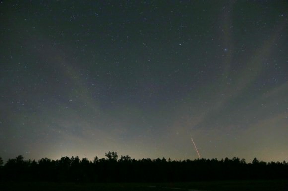 Time lapse view of June 5 launch of Blank Brant XII sounding rocket from Wallops Island as seen from Carranza Field in Wharton State Forest, NJ (about 135 miles north from Wallops). Scorpius is above the trees at the far left. Credit: Joe Stieber- sjastro.com